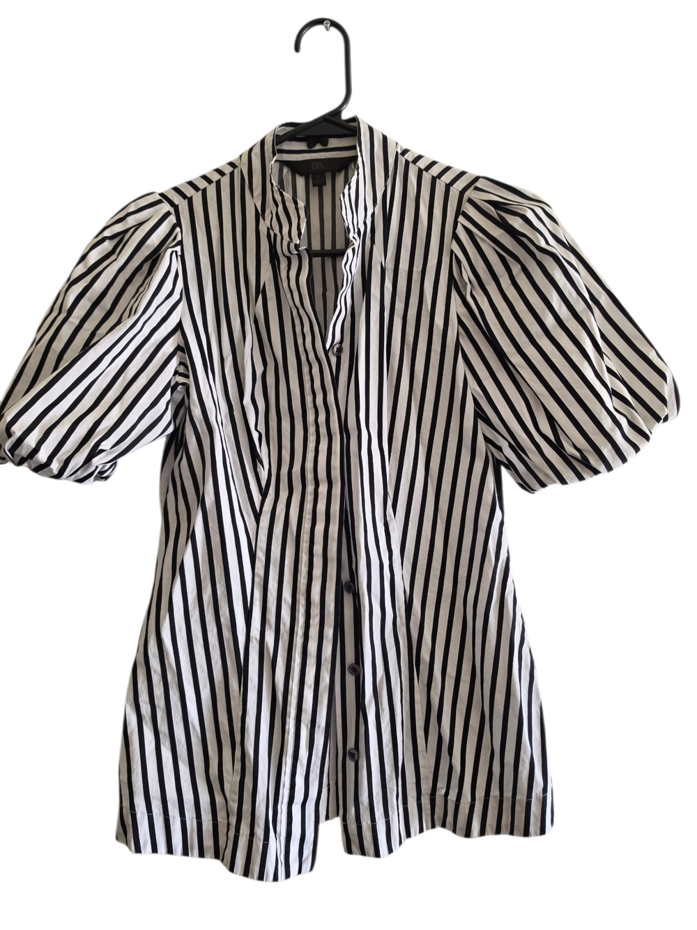 Banana Republic Black & White Striped Button-Front Puff Sleeve Top